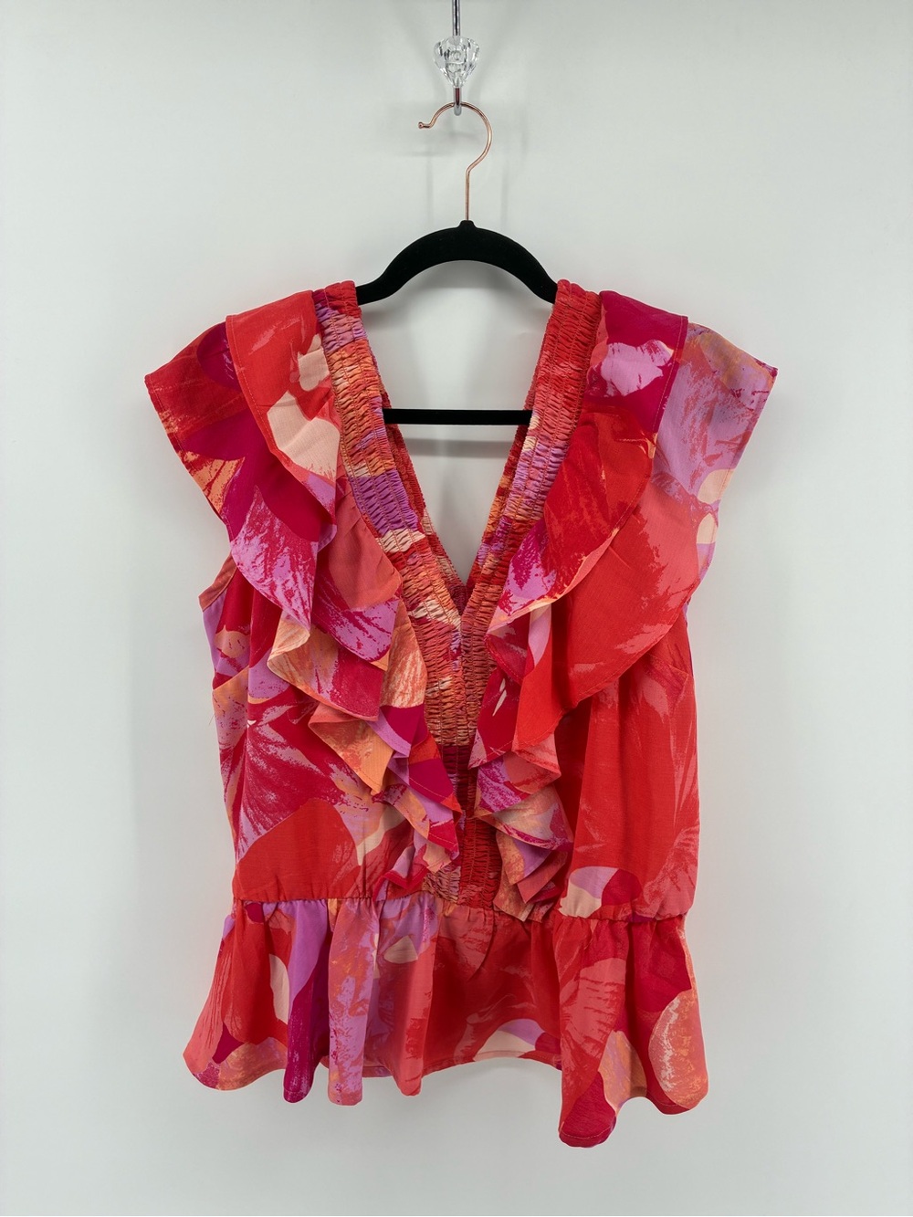 Women’s Red-Pink Ruffle V-Neck Sleeveless Top